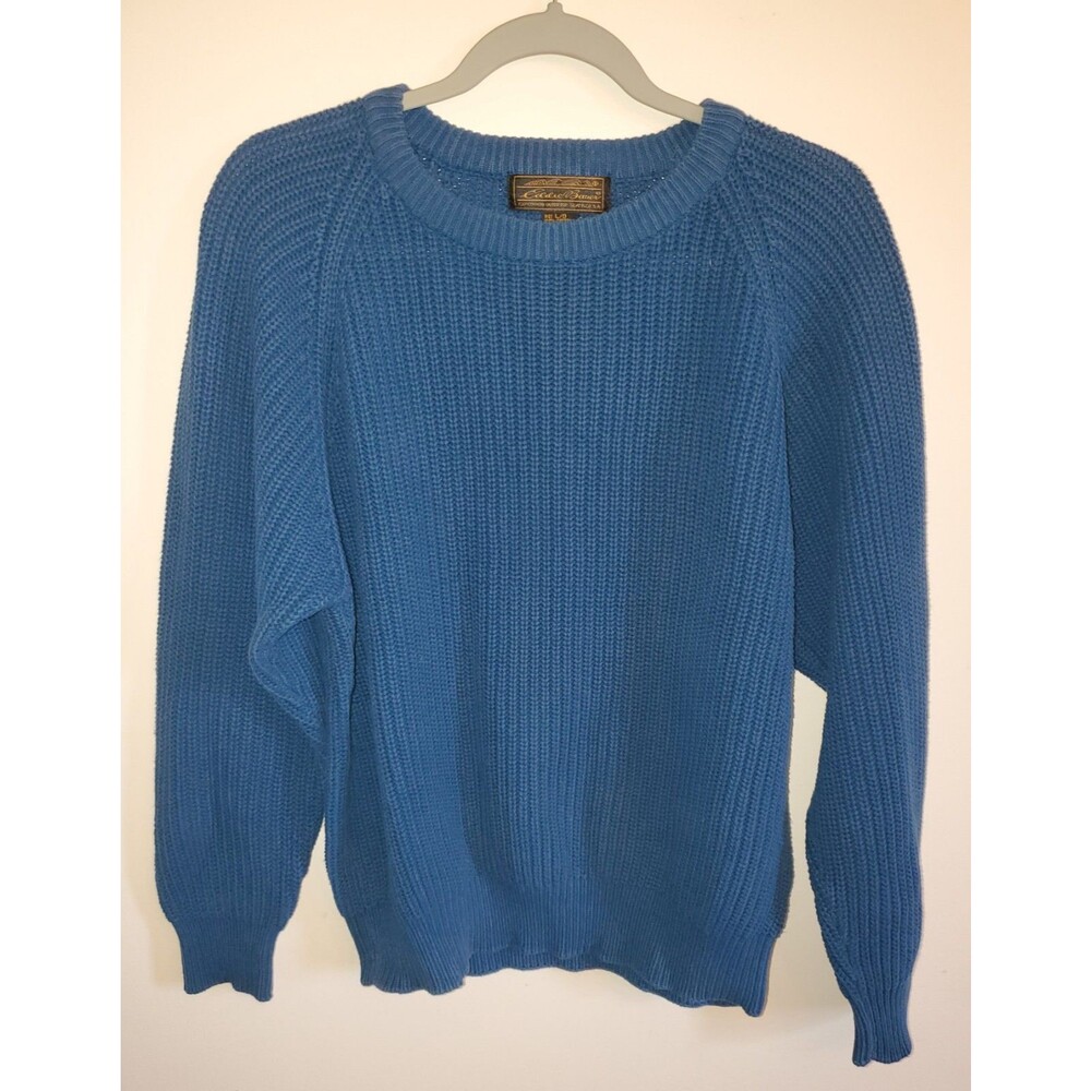 Vintage 90s Eddie Bauer Blue Heavy Knit Cotton Sweater Mens Lg Shaker Stitch